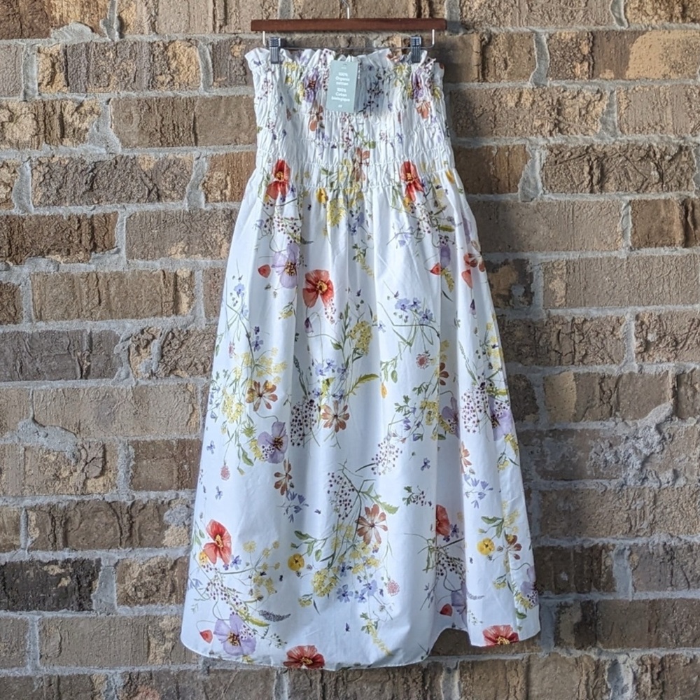 NWT H&M Conscious Wildflower White Floral Bandeau Smock Midi Dress, Size L